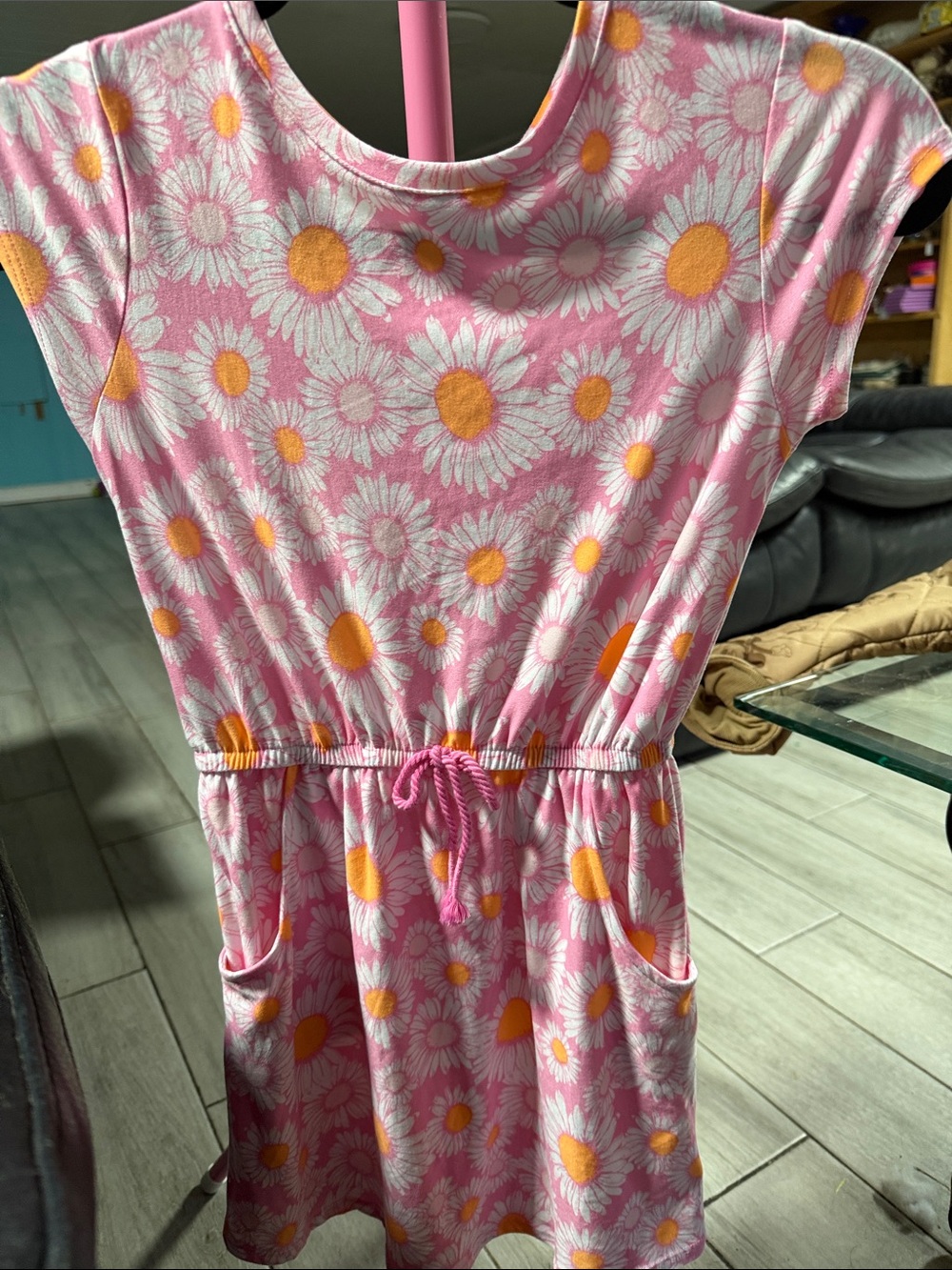 Girls Pink Daisy Drawstring Casual Dress